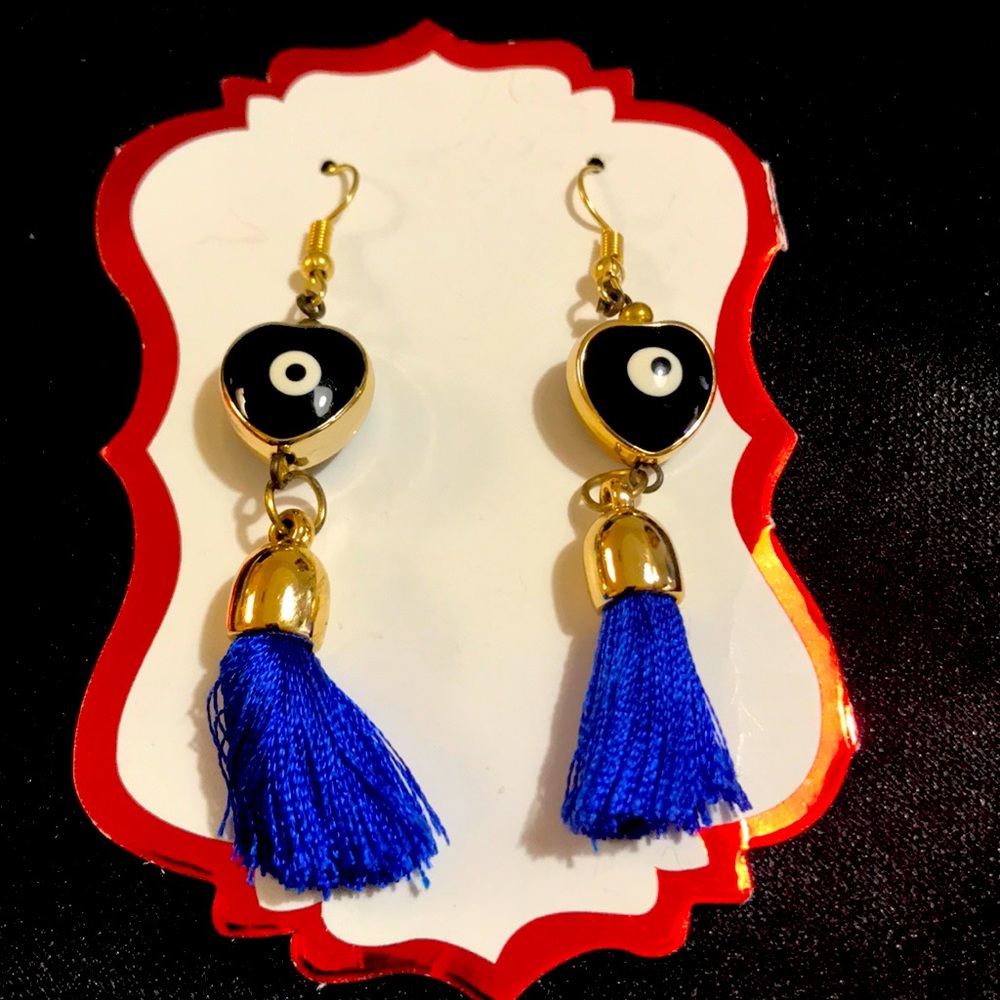 Earring Black hearts with evil eye Blue Tassels